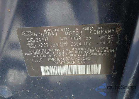 2008 Hyundai Elantra Gls/Se from USA, damaged, VIN KMHDU46D08U307093